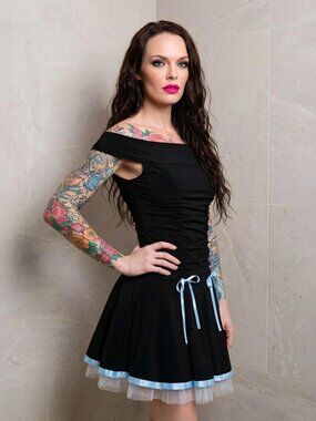 Taboo Vintage Off Shoulder Dress Black Blue Satin Bow Tulle Trim Y2K Goth Sz S